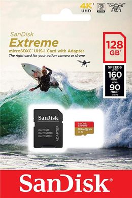 Карта памяти SanDisk 128GB microSDXC C10 UHS-I U3 R160/W90MB/s Extreme V30 + SD (SDSQXA1-128G-GN6AA)