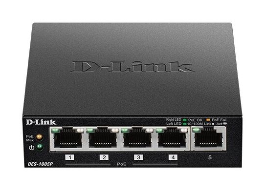 Комутатор D-Link DES-1005P 5xFE (4x PoE, 1x Uplink, 60W) (DES-1005P)