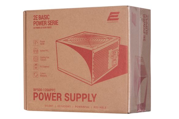 Блок питания 2E BASIC POWER (500W), 80%, 120mm, 1xMB 24pin (20+4), 1xCPU 8pin (4+4), 3xMolex, 4xSATA, 2xPCIe 8pin (6+2) (2E-BP500-120APFC)