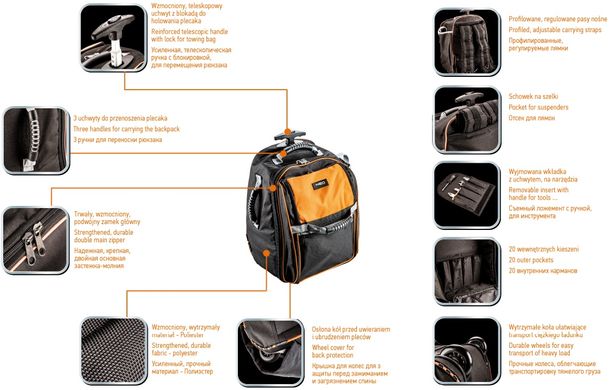 Рюкзак для інструментів Neo Tools на колесах, 20 кармано, телескоп.ручка (84-303)
