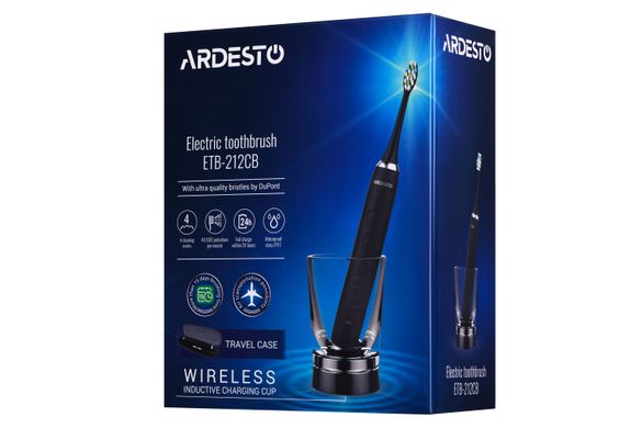Електрична зубна щітка Ardesto ETB-212CB чорна/4 насадки/індукційна зарядна база зі станд. вилкою