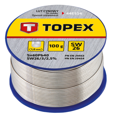 Припій TOPEX олов'яний 60% Sn, дріт 1.0 мм, 100 г (44E514)