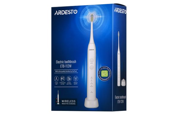 Электрическая зубная щетка Ardesto ETB-112W белая/2 насадки/индукционная зарядная база с коннектором USB/IPX7 (ETB-112W)