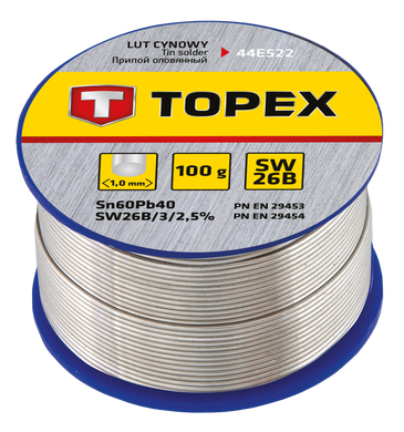 Припій TOPEX олов'яний 60% Sn, дріт 1.0 мм, 100 г (44E522)