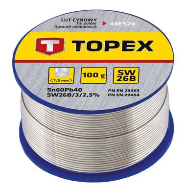 Припій TOPEX олов'яний 60% Sn, дріт 1.5 мм, 100 г (44E524)
