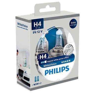 Автолампи Philips H4 WhiteVision 3700K, 2шт (12342WHVSM)