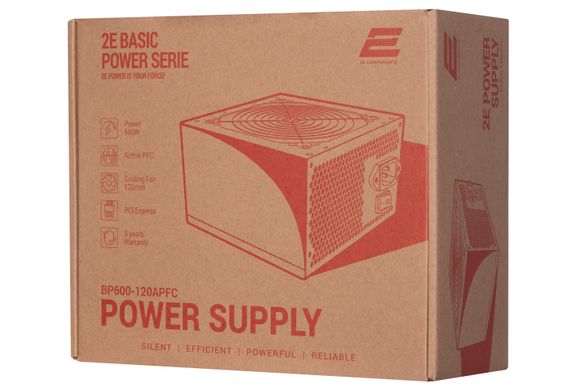 Блок питания 2E BASIC POWER (600W), 80%, 120mm, 1xMB 24pin (20+4), 1xCPU 8pin (4+4), 3xMolex, 4xSATA, 2xPCIe 8pin (6+2) (2E-BP600-120APFC)