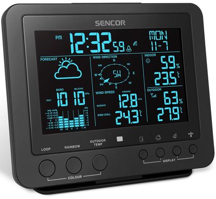 Метеостанция Sencor внутреннее/наружное измерение от сети/CR2032x1+AAx3 влажность время прогноз погоды атм. давление скор. ветра чёрный (SWS9700)