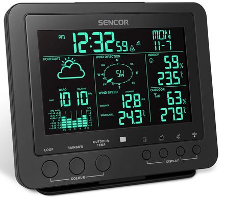 Метеостанция Sencor внутреннее/наружное измерение от сети/CR2032x1+AAx3 влажность время прогноз погоды атм. давление скор. ветра чёрный (SWS9700)