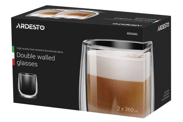 Набір чашок Ardesto з подвійними стінками для латте, 360 мл, 2 шт, боросиликатноестекло (AR2636G)