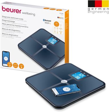 Ваги Beurer підлогові 180 кг під'єднання до смартфона AAAх4 до комплекту скло чорне (BF_950_BLACK)