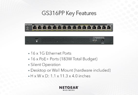 Коммутатор NETGEAR GS316PP 16xGE PoE+ (183Вт) FlexPoE неуправляемый (GS316PP-100EUS)