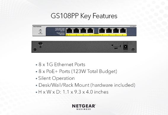 Комутатор NETGEAR GS108PP 8xGE PoE+ некерований (GS108PP-100EUS)