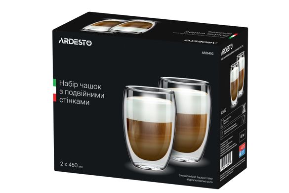 Набір чашок Ardesto з подвійними стінками для латте, 450 мл, 2 шт, боросилікатне скло (AR2645G)