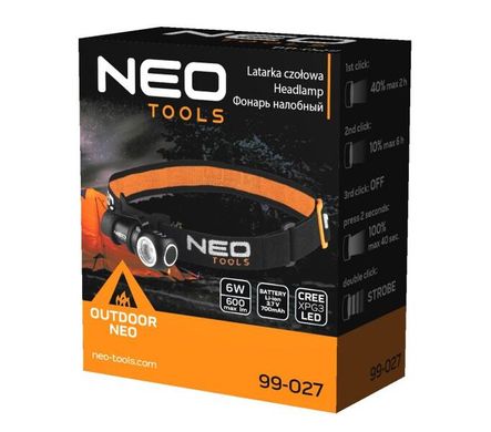 Ліхтар акумуляторний налобний NEO 600 люмен 6 Вт USB 700 мАг 3.7 Li-ion LED CREE XPG3 4 функції освітлення