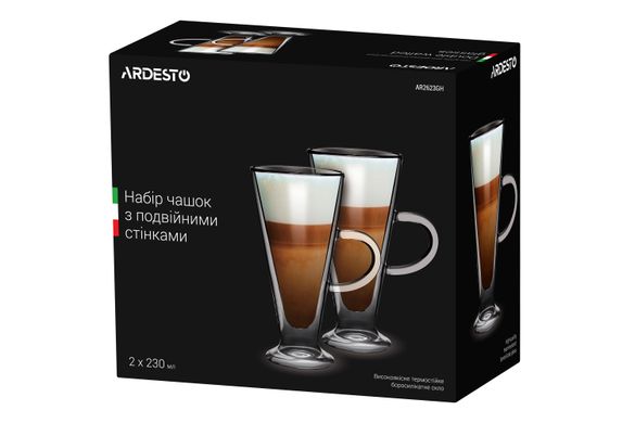Набор чашек с ручками Ardesto с двойными стенками для латте, 230 мл, 2 шт, боросиликатное стекло (AR2623GH)