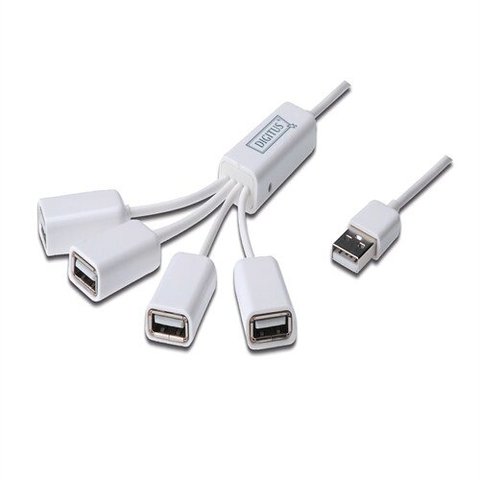 Концентратор DIGITUS 4 порта, "Паук" , USB 2.0, пассивный, White (DA-70216)