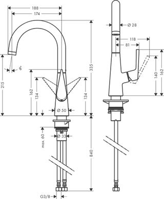 Змішувач для кухні Hansgrohe Talis S дина виливу — 174 мм поворотний 1 важіль KM220 хром (72814000)