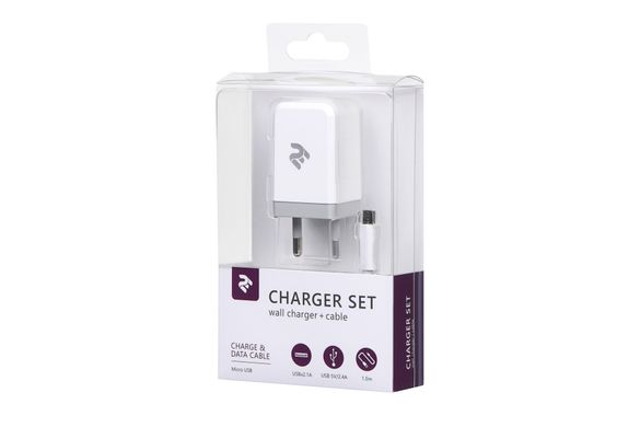 Набір Мережеве ЗУ 2E USB Wall Charger USB:DC5V/2.1 A +кабель MicroUSB 2.4 A, white (2E-WC1USB2.1A-CM)