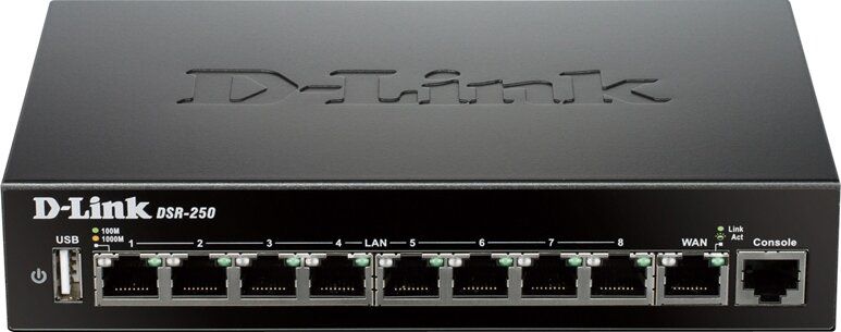 Мультисервисный маршрутизатор D-Link DSR-250 8xGE LAN, 1xGE WAN, 1xUSB, 1xCons RJ45 (DSR-250)