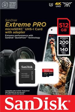 Карта пам'яті SanDisk microSD 512GB C10 UHS-I U3 R200/W140MB/s Extreme Pro V30 + SD (SDSQXCD-512G-GN6MA)