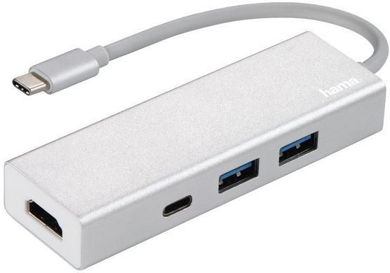 USB-хаб Hama Aluminium 2x USB-A, USB-C, HDMI Silver (00135756)