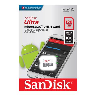 Картка пам'яті SanDisk 128 GB microSDHC C10 UHS-I R100MB/s Ultra (SDSQUNR-128G-GN6MN)