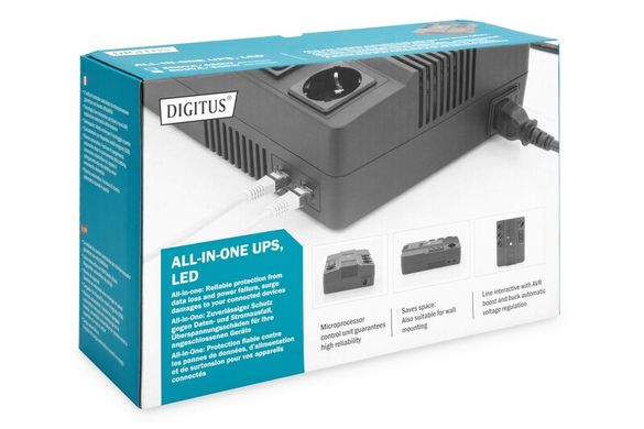 Джерело безперебійного живлення DIGITUS All-in-One, 600VA/360W, LED, 4xSchuko/3xC13, RJ45, USB (DN-170110)