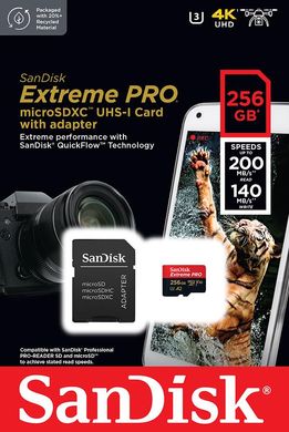 Карта памяти microSD 256GB SanDisk C10 UHS-I U3 R200/W140MB/s Extreme Pro V30 + SD (SDSQXCD-256G-GN6MA)