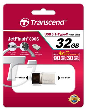 USB накопитель Transcend 32GB USB 3.1+Type-C 890 R90/W30MB/s Metal Silver (TS32GJF890S)