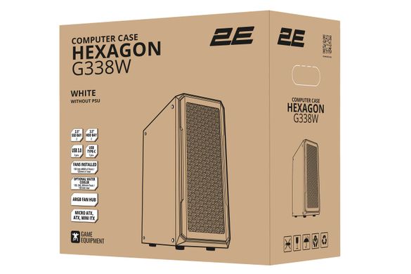 Корпус 2E Gaming Hexagon G338W, без БП, 2xUSB 3.0, 1xUSB Type-C, 1x120mm, 3x120mm ARGB, TG Side Panel, ATX,