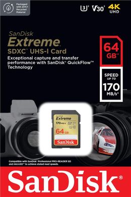 Картка пам'яті SanDisk SD 64 GB C10 UHS-I U3 R170/W80MB/s Extreme V30 (SDSDXV2-064G-GNCIN)