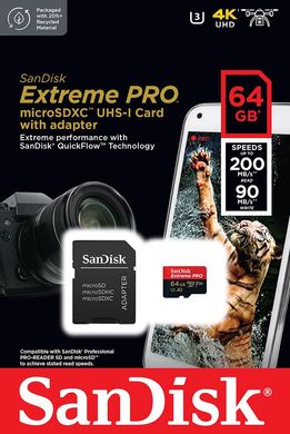 Карта памяти microSD 64GB SanDisk C10 UHS-I U3 R200/W90MB/s Extreme Pro V30 + SD (SDSQXCU-064G-GN6MA)