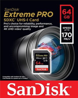 Карта памяти SanDisk 64GB SDXC C10 UHS-I U3 R170/W90MB/s Extreme Pro (SDSDXXY-064G-GN4IN)