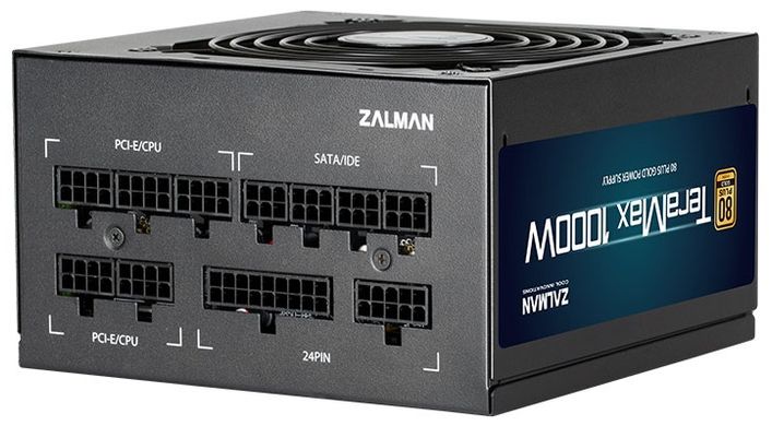 Блок питания Zalman TERAMAX (1000W) >90%, 80+ Gold, 120mm, 1xMB 24pin (20+4)+10pin, 2xCPU 8pin (4+4), 3xMolex, 12xSATA, 6xPCIe 8pin (6+2), Fully Modular (ZM1000-TMX)