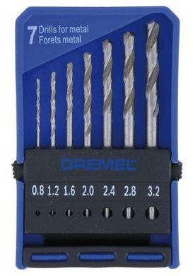 Свердла для металу Dremel 628, набір 7 шт., 0.8,1.2,1.6,2.0,2.4,2.8, 3.0 мм, HSS (2.615.062.832)