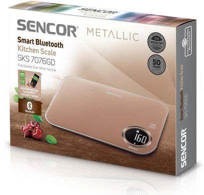 Весы Sencor кухонные 5кг подключение к смарфтону AAAx2 пластик золотой (SKS7076GD)