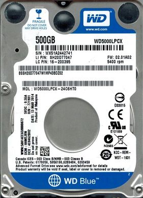 Жесткий диск WD 2.5" SATA 3.0 0.5TB 5400 16MB Blue 7mm (WD5000LPCX)