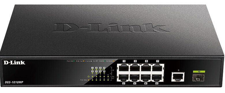 Коммутатор D-Link DGS-1010MP 9xGE PoE, 1xSFP, 125W, Стоечный, Неуправляемый (DGS-1010MP)